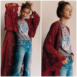 Boho Burgundy Scalloped Crochet Lace Duster Wrap